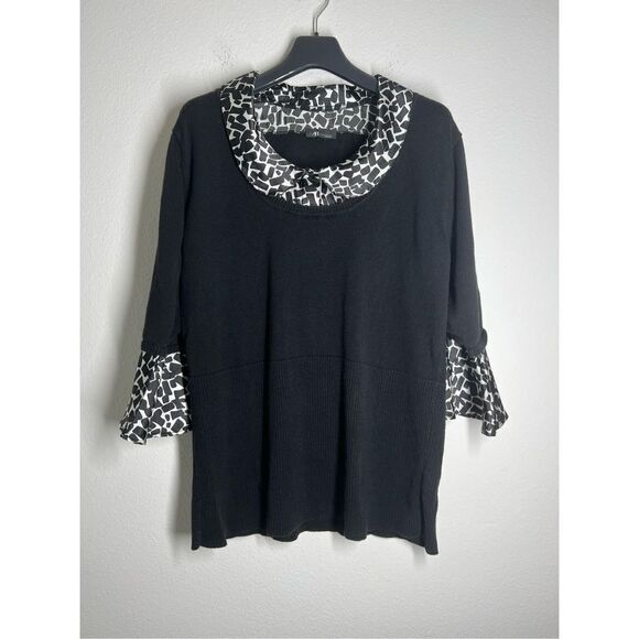 AB Studio Silk Print Trim 3/4 Sleeve Black White Sweater Size 3XL - Picture 1 of 11